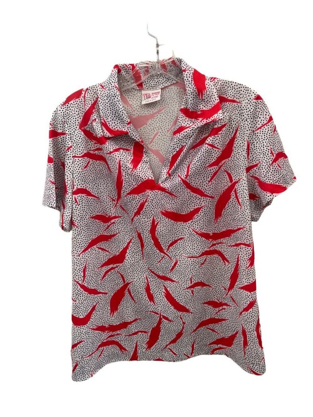 Vintage Haband For Her Red & Black Abstract Print Blouse Short-Sleeve Button-Up